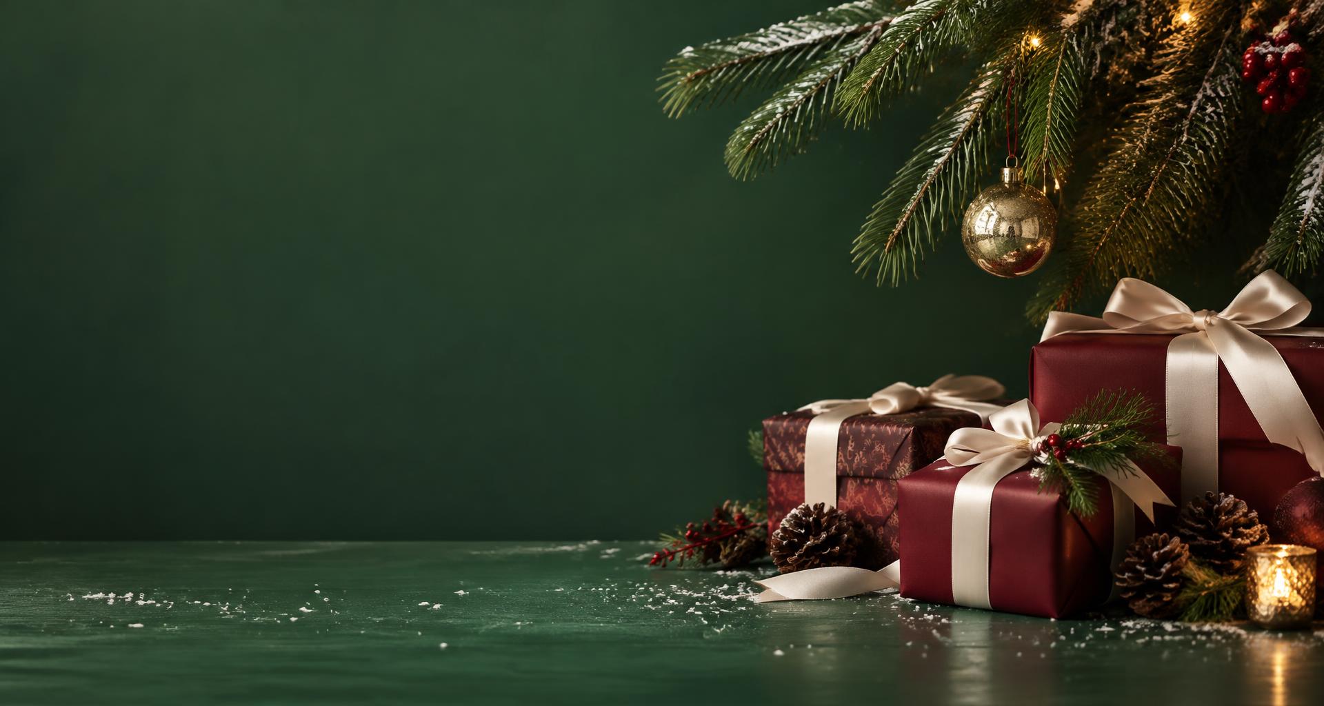Presentes vermelhos com laços de cetim junto a ramos de uma árvore de Natal